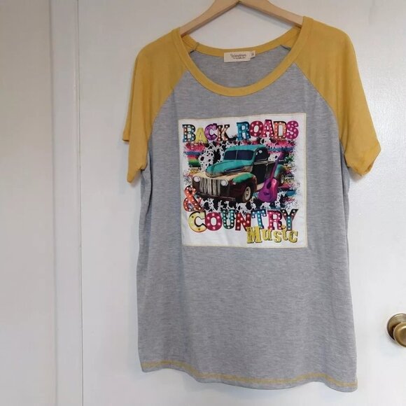 Back Roads & Country Music Ringer Tee T-shirt Pickup Truck Wanderer 2XL - Picture 2 of 5